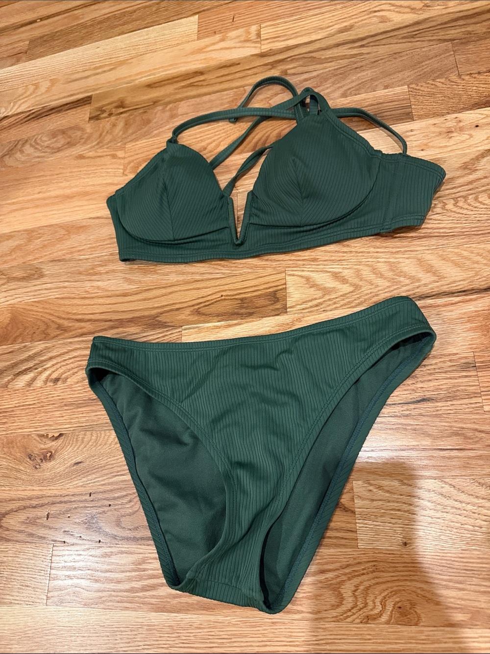 Shade & Shore Forest Green Ribbed Strappy Bikini